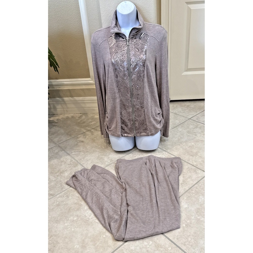 Zenergy  Chicos Beige Sequin Zip Jacket & Pants‎ Ruched Athletic Lounge Set Sz 0